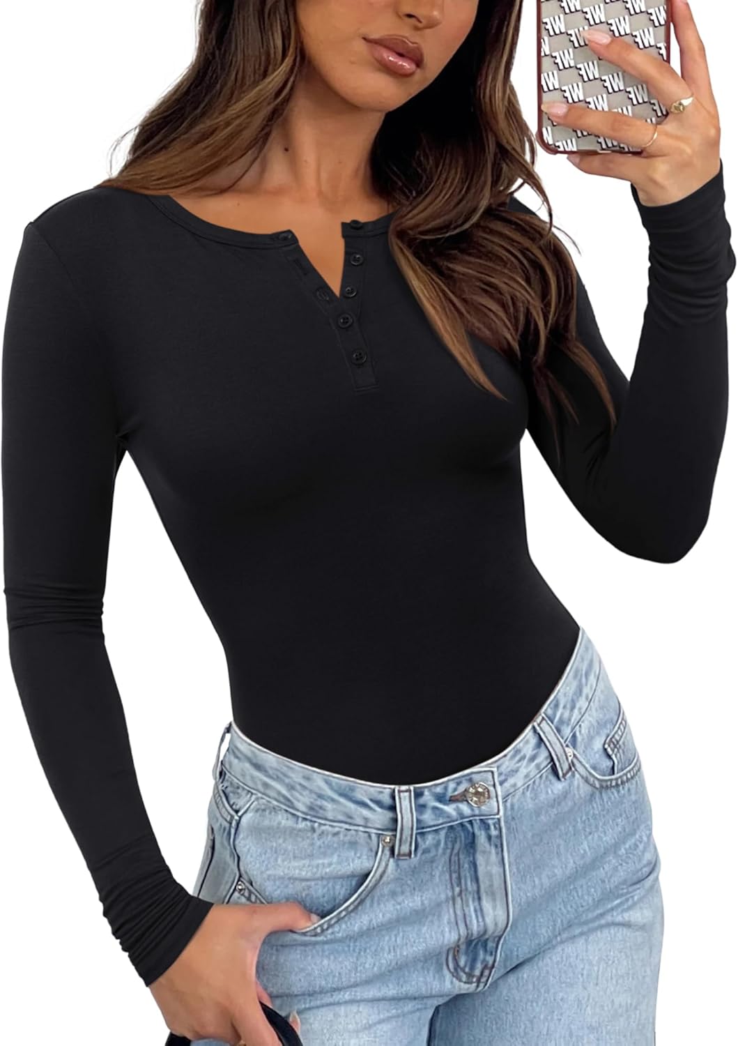 Womens V Neck Henley Bodysuit