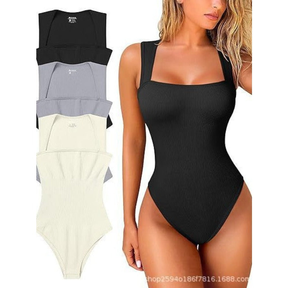 Womens Fitness Wear Bodysuits Stretchy Underwear Sexy Ribbed Square Neck Sleeveless Stretchy Tank Tops Bodysuits Soft Lady