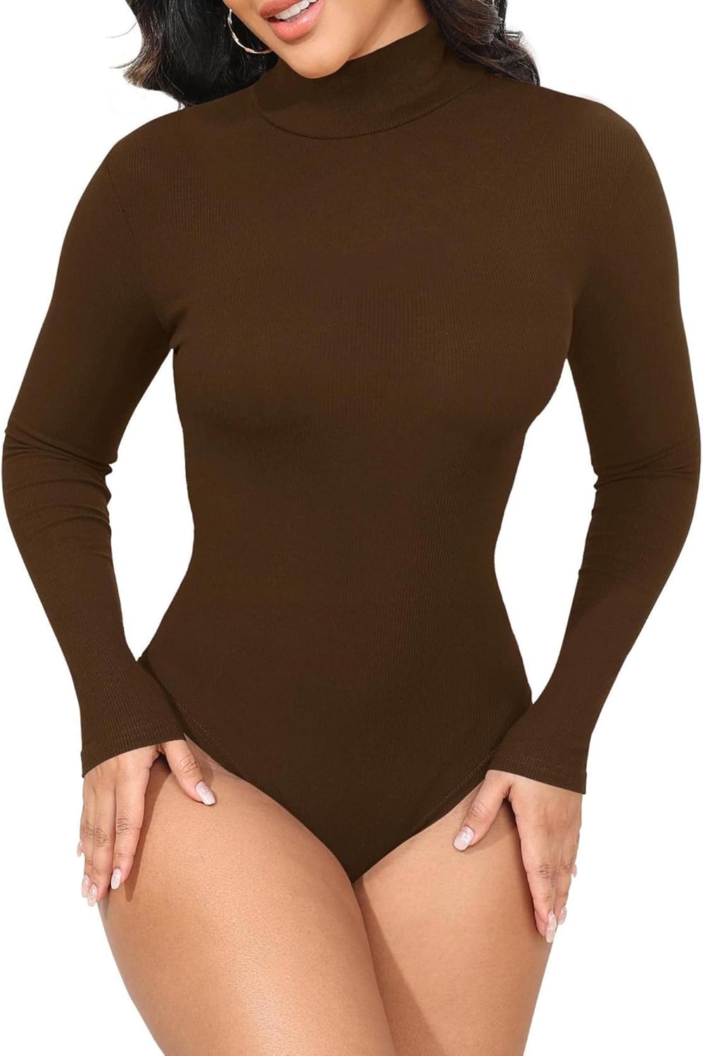 Womens Stretchy Long Sleeve Turtleneck Ribbed Knit Fitted Basic Bodysuit Shirt