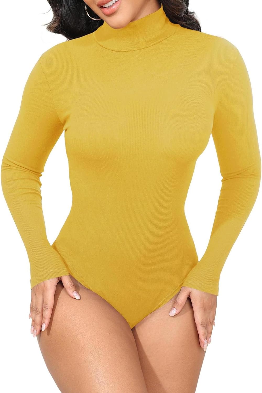 Womens Stretchy Long Sleeve Turtleneck Ribbed Knit Fitted Basic Bodysuit Shirt