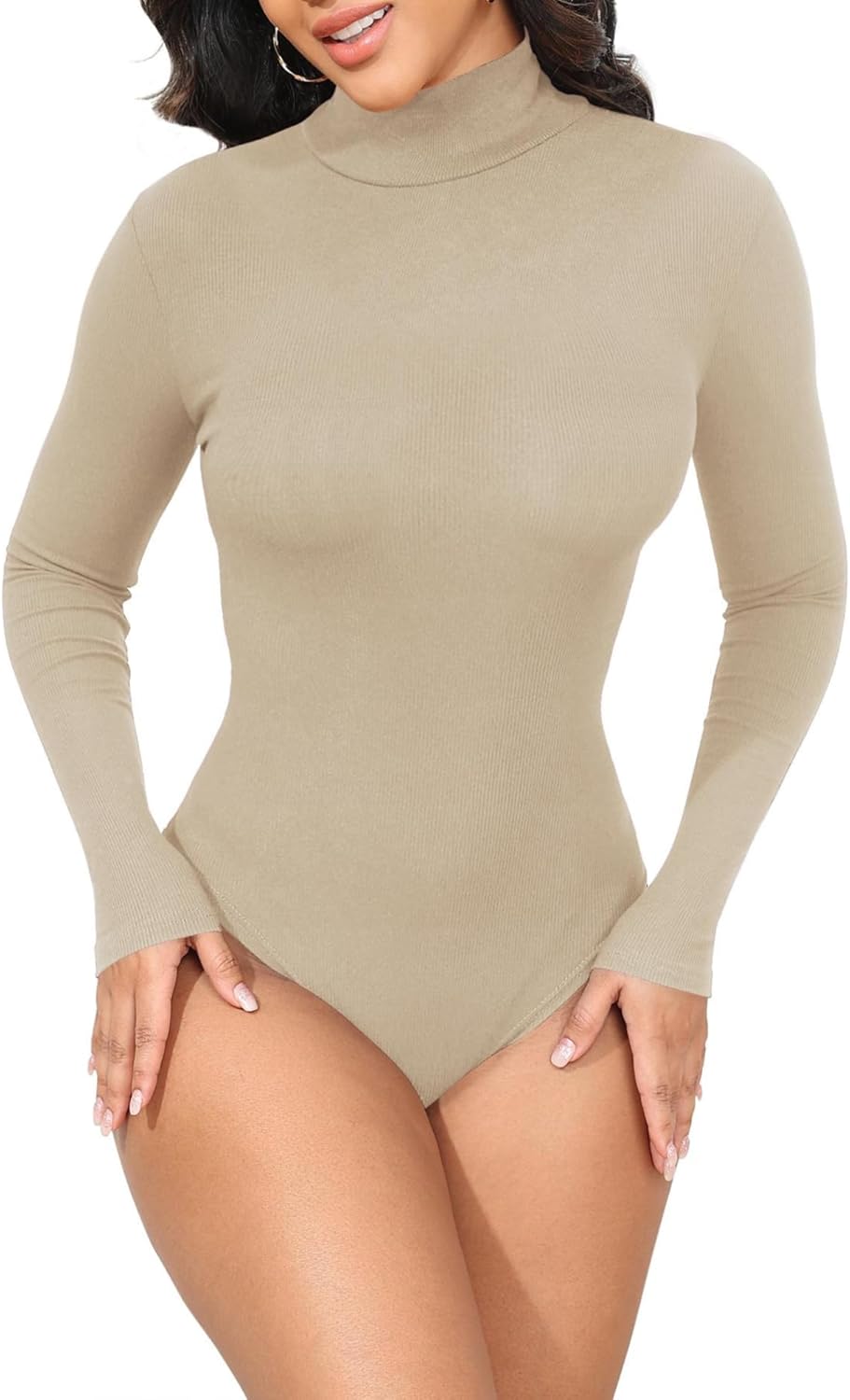 Womens Stretchy Long Sleeve Turtleneck Ribbed Knit Fitted Basic Bodysuit Shirt