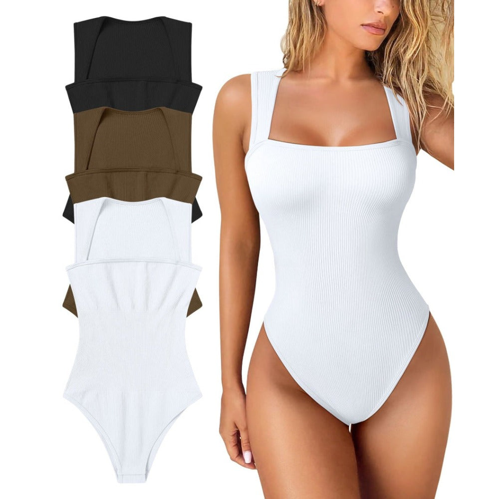 Womens Fitness Wear Bodysuits Stretchy Underwear Sexy Ribbed Square Neck Sleeveless Stretchy Tank Tops Bodysuits Soft Lady