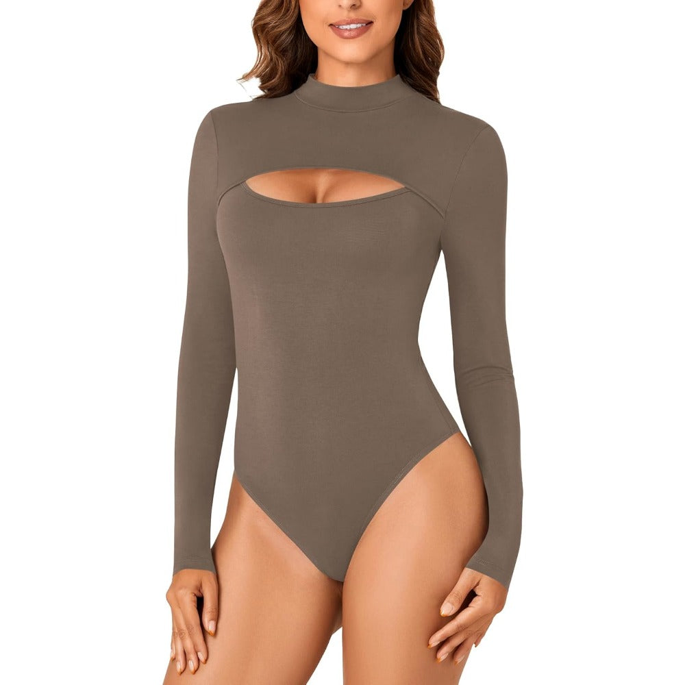 Women's Mock Neck Sexy Cutout Front Long Sleeve Slim Fit Bodysuit Leotard Top