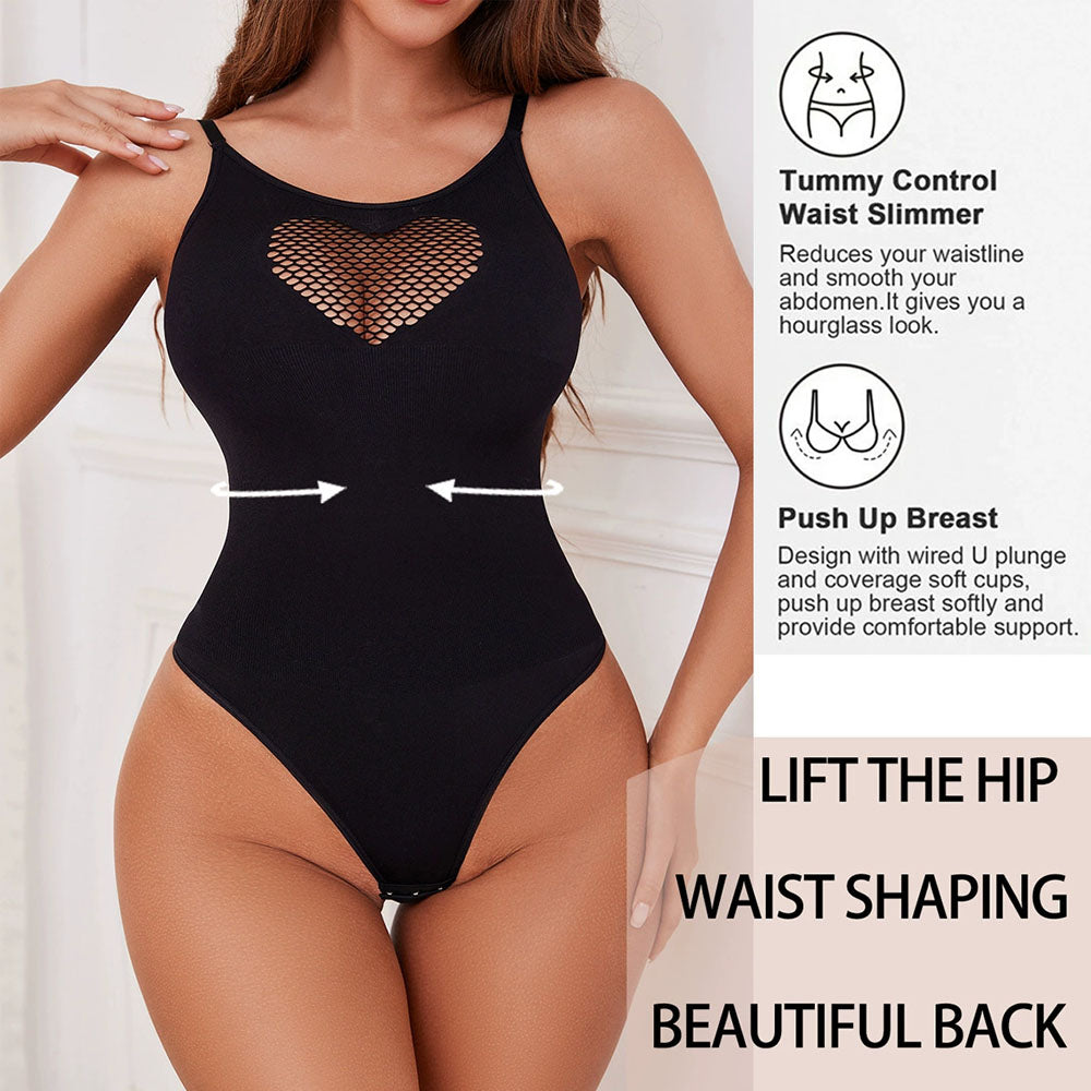 Sexy Slereveless Thong Bodysuits for Women One Piece Hollow Heart Mesh Stretchy Shirts Tummy Control Shaper Tank Tops