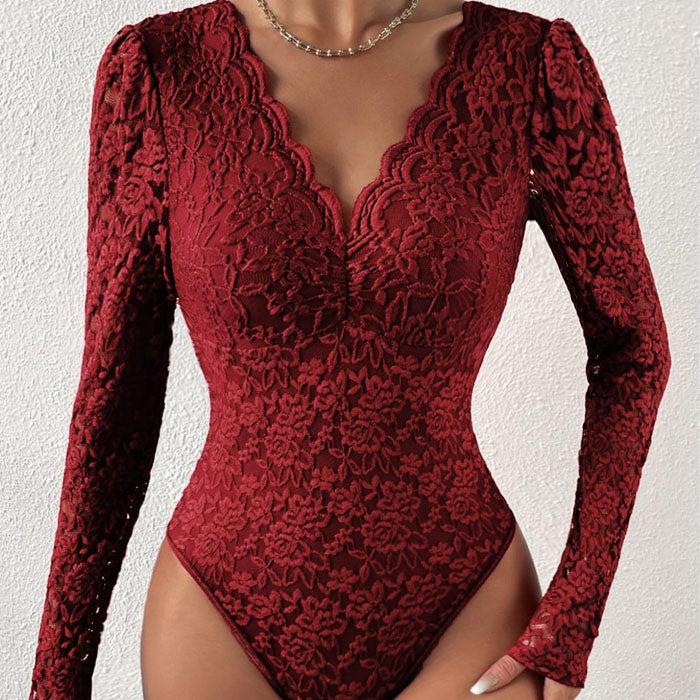 Tight Long Sleeve V-neck Lace Jumpsuit
