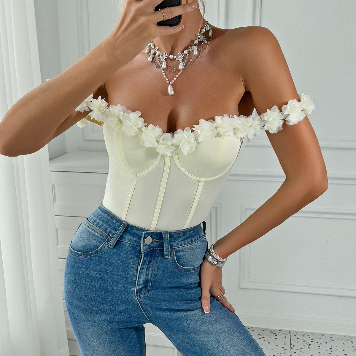 Elegant Floral Off-Shoulder Bodysuit – A Dreamy Statement Piece