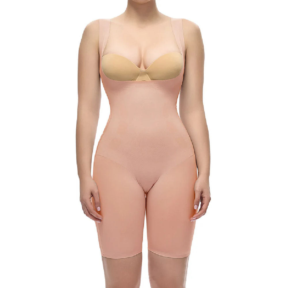 Women Seamless Firm Tummy Control Shapewear Bodysuit Open Bust Mid-Thigh Full Body Shaper for Dresses
