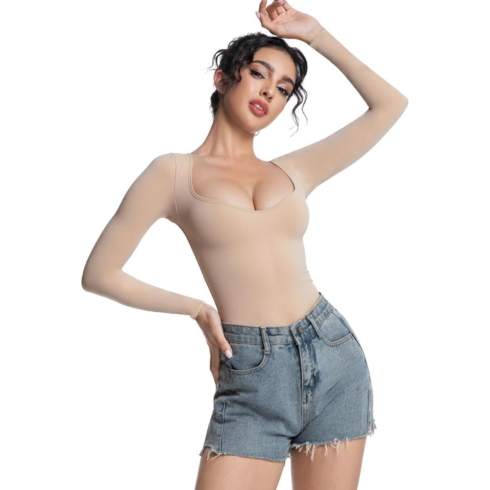Womens Long Sleeve Bodysuit Tops Square V Neck Slimming Brazilian Double Lined for Going Out Spring Summer