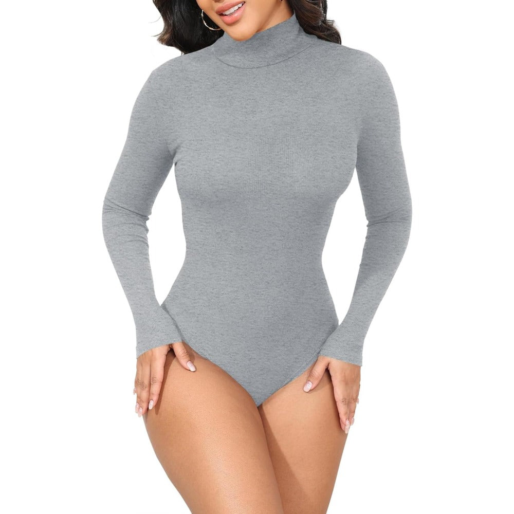 Womens Stretchy Long Sleeve Turtleneck Ribbed Knit Fitted Basic Bodysuit Shirt