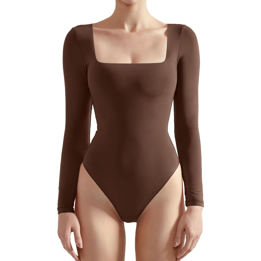 Women Square Neck Long Sleeve Bodysuit Sexy Thong Bodysuit Shirts