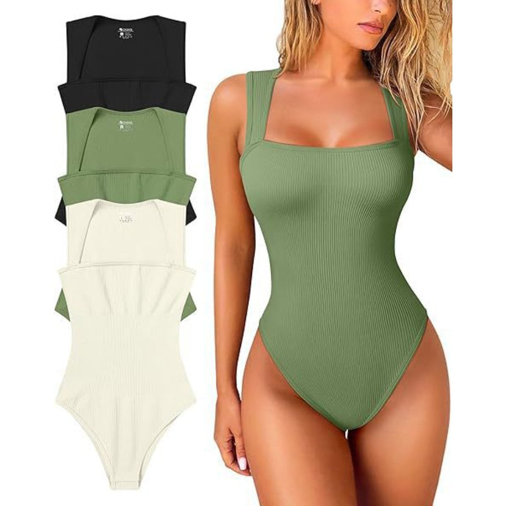 Womens Fitness Wear Bodysuits Stretchy Underwear Sexy Ribbed Square Neck Sleeveless Stretchy Tank Tops Bodysuits Soft Lady