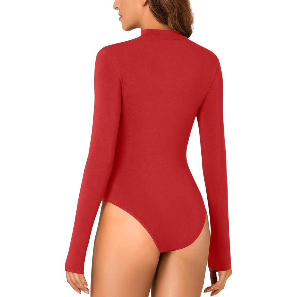 Women's Mock Neck Sexy Cutout Front Long Sleeve Slim Fit Bodysuit Leotard Top
