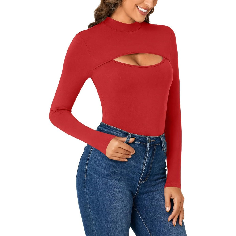 Women's Mock Neck Sexy Cutout Front Long Sleeve Slim Fit Bodysuit Leotard Top