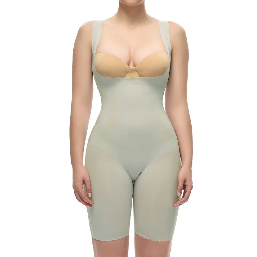 Women Seamless Firm Tummy Control Shapewear Bodysuit Open Bust Mid-Thigh Full Body Shaper for Dresses