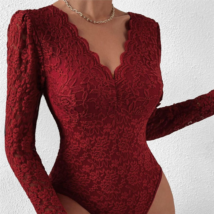 Tight Long Sleeve V-neck Lace Jumpsuit