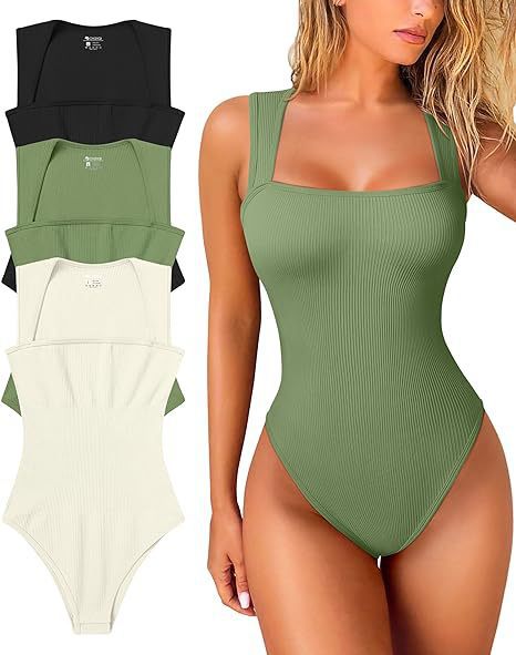 Womens Fitness Wear Bodysuits Stretchy Underwear Sexy Ribbed Square Neck Sleeveless Stretchy Tank Tops Bodysuits Soft Lady