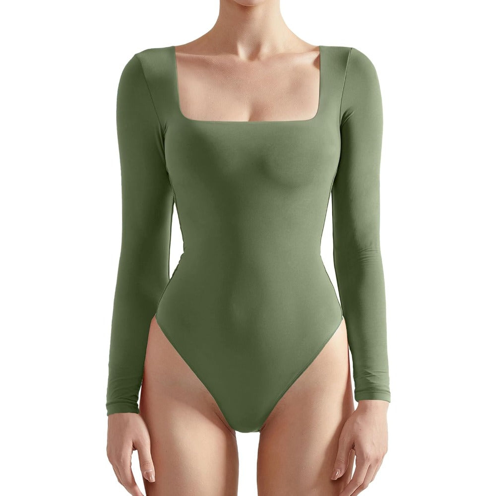 Women Square Neck Long Sleeve Bodysuit Sexy Thong Bodysuit Shirts