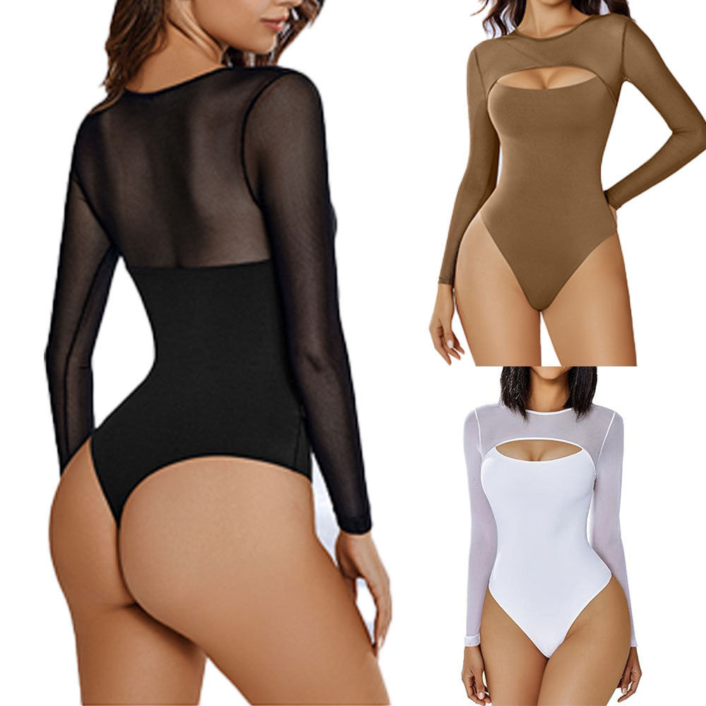 Bodysuits for Women Round Neck Shapewear Bodysuit Long Sleeve Bodysuit Sexy Mesh Top Double Lined Cutout Shirt