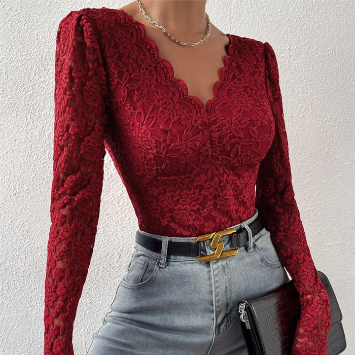 Tight Long Sleeve V-neck Lace Jumpsuit