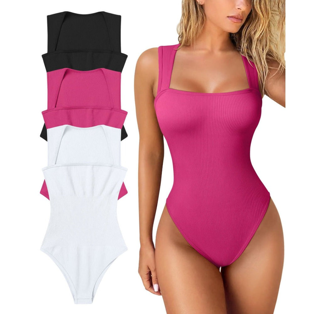 Womens Fitness Wear Bodysuits Stretchy Underwear Sexy Ribbed Square Neck Sleeveless Stretchy Tank Tops Bodysuits Soft Lady