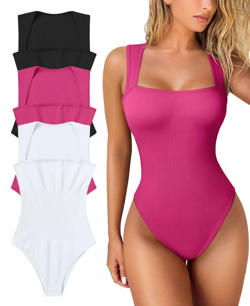 Womens Fitness Wear Bodysuits Stretchy Underwear Sexy Ribbed Square Neck Sleeveless Stretchy Tank Tops Bodysuits Soft Lady
