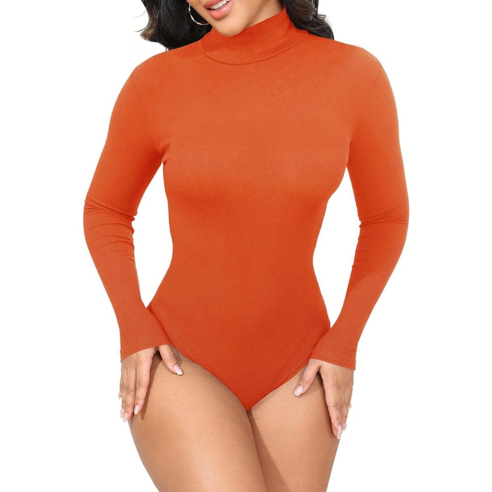 Womens Stretchy Long Sleeve Turtleneck Ribbed Knit Fitted Basic Bodysuit Shirt