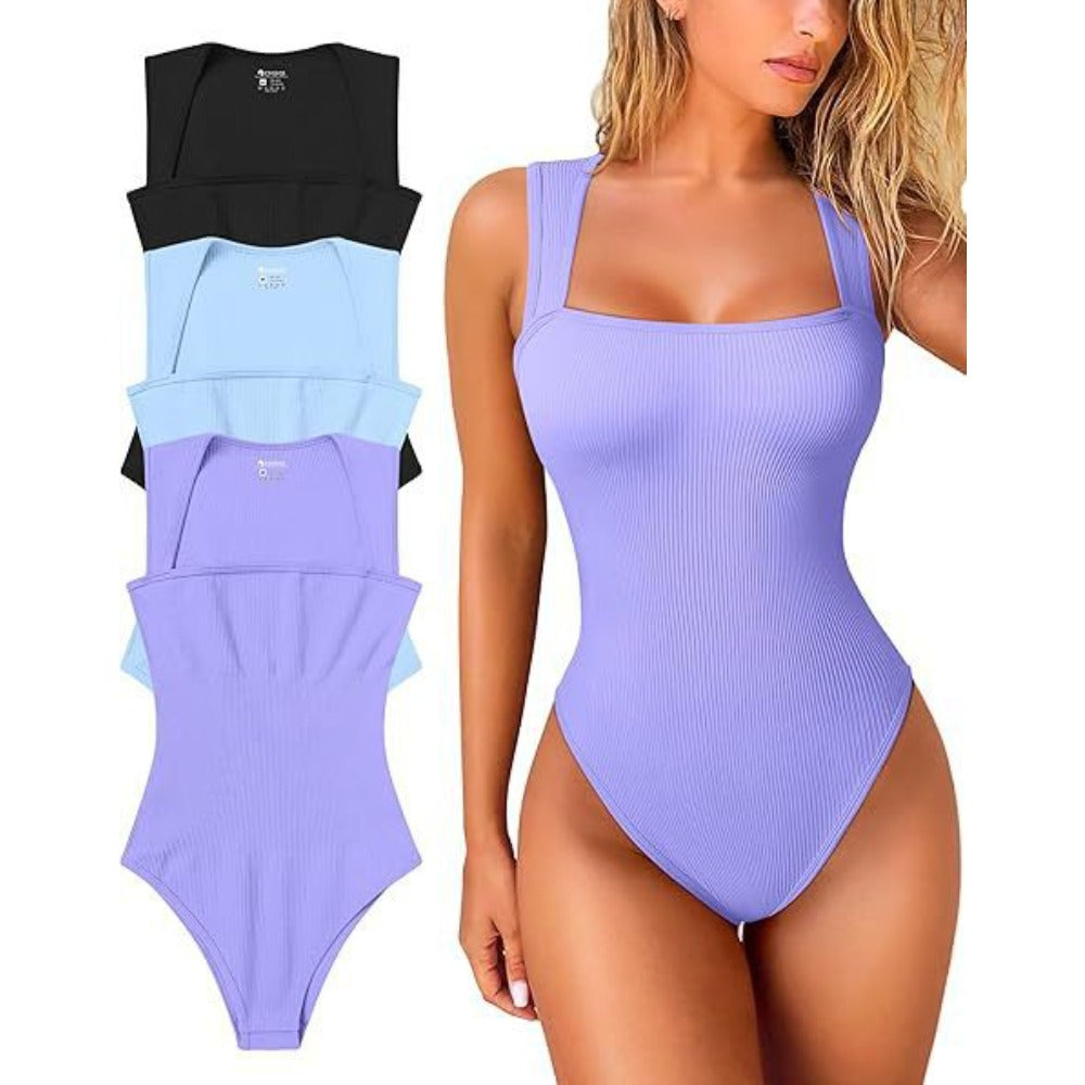 Womens Fitness Wear Bodysuits Stretchy Underwear Sexy Ribbed Square Neck Sleeveless Stretchy Tank Tops Bodysuits Soft Lady