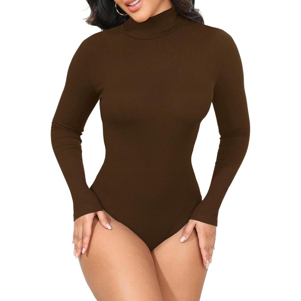 Womens Stretchy Long Sleeve Turtleneck Ribbed Knit Fitted Basic Bodysuit Shirt