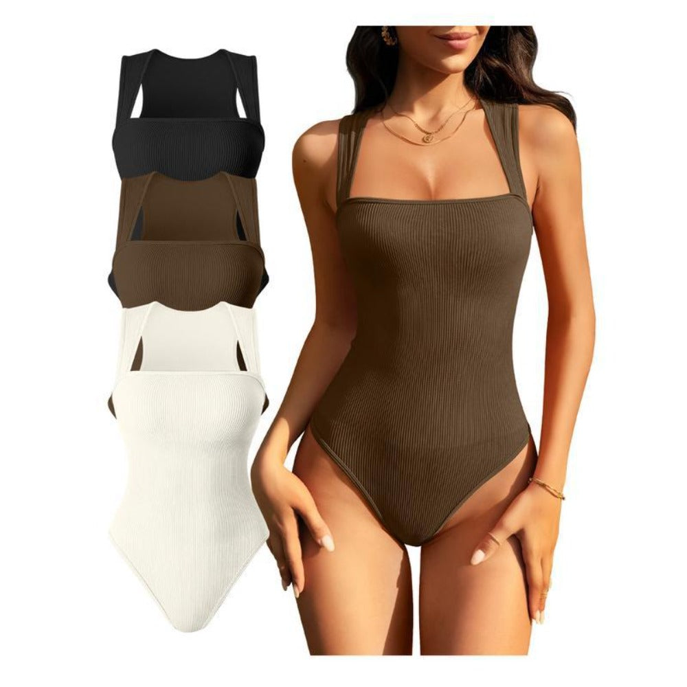Womens Fitness Wear Bodysuits Stretchy Underwear Sexy Ribbed Square Neck Sleeveless Stretchy Tank Tops Bodysuits Soft Lady