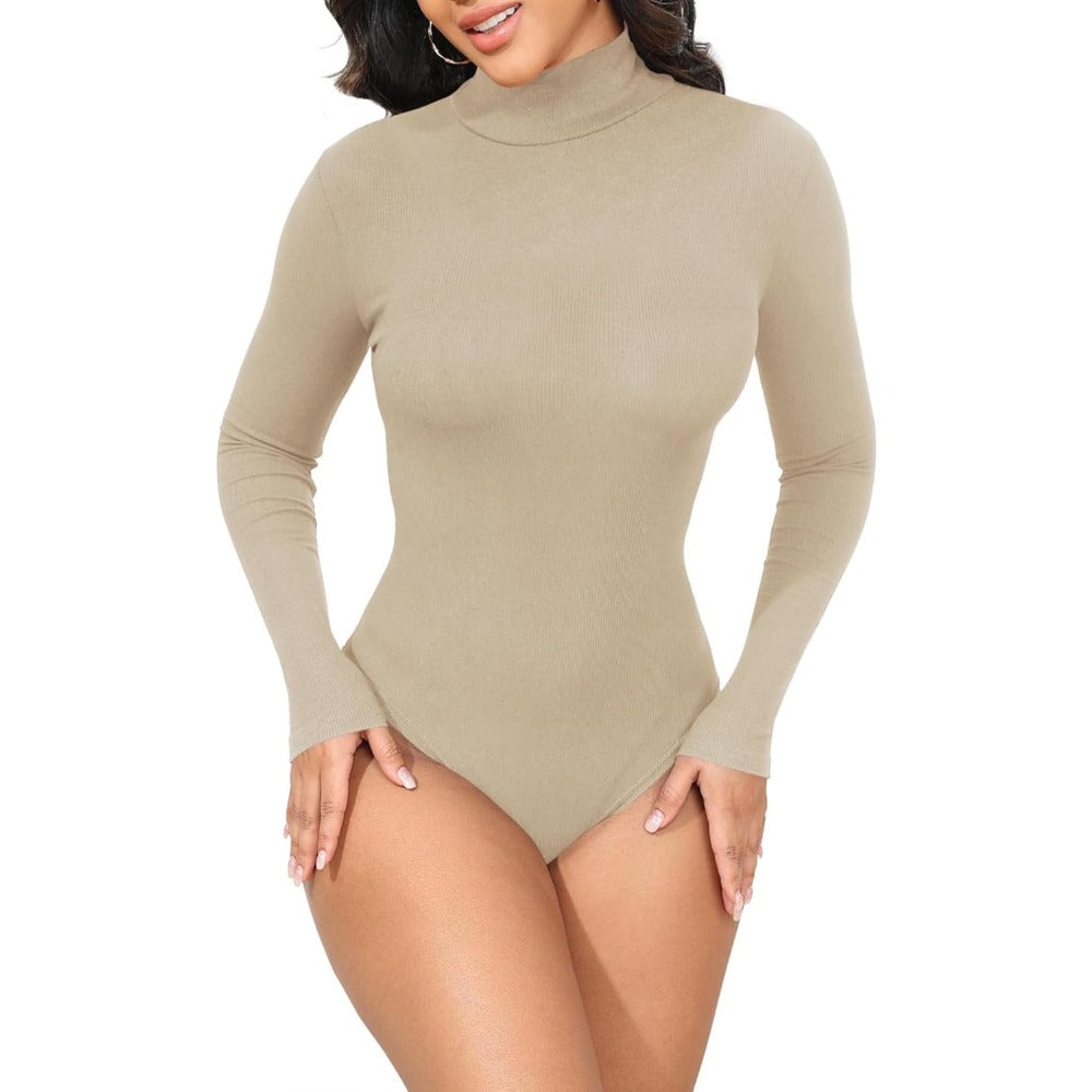 Womens Stretchy Long Sleeve Turtleneck Ribbed Knit Fitted Basic Bodysuit Shirt