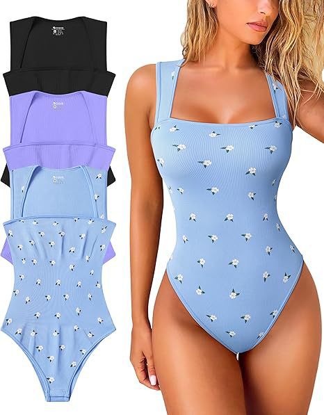 Womens Fitness Wear Bodysuits Stretchy Underwear Sexy Ribbed Square Neck Sleeveless Stretchy Tank Tops Bodysuits Soft Lady