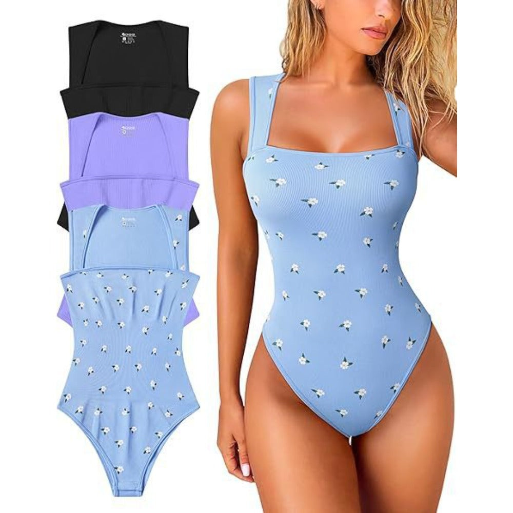 Womens Fitness Wear Bodysuits Stretchy Underwear Sexy Ribbed Square Neck Sleeveless Stretchy Tank Tops Bodysuits Soft Lady