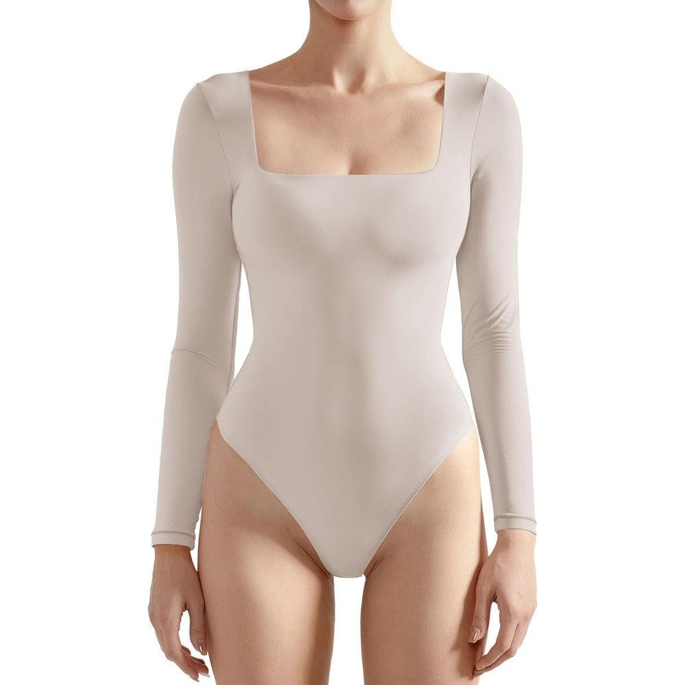 Women Square Neck Long Sleeve Bodysuit Sexy Thong Bodysuit Shirts