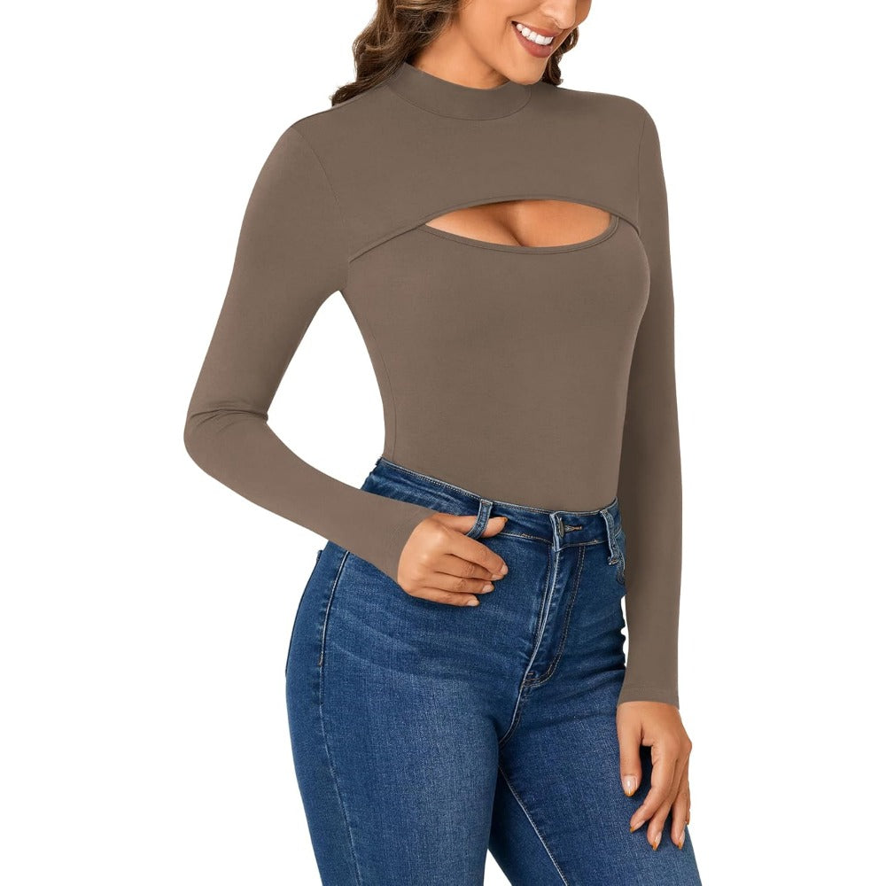 Women's Mock Neck Sexy Cutout Front Long Sleeve Slim Fit Bodysuit Leotard Top