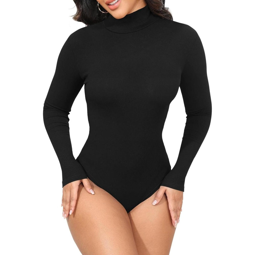 Womens Stretchy Long Sleeve Turtleneck Ribbed Knit Fitted Basic Bodysuit Shirt