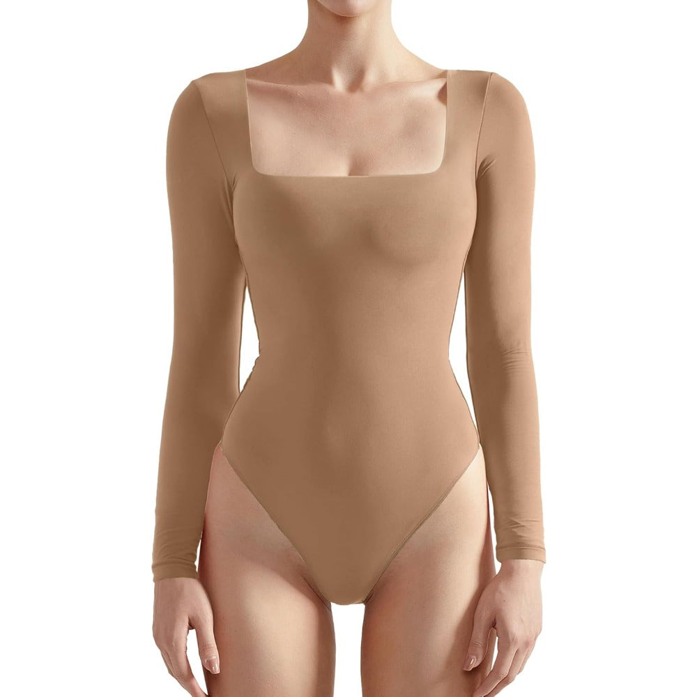 Women Square Neck Long Sleeve Bodysuit Sexy Thong Bodysuit Shirts