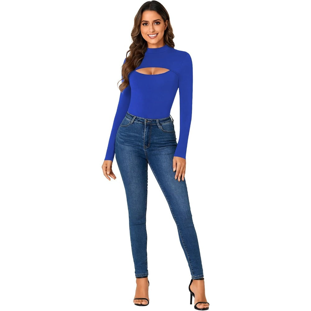 Women's Mock Neck Sexy Cutout Front Long Sleeve Slim Fit Bodysuit Leotard Top