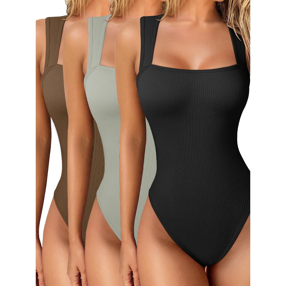 Womens Fitness Wear Bodysuits Stretchy Underwear Sexy Ribbed Square Neck Sleeveless Stretchy Tank Tops Bodysuits Soft Lady