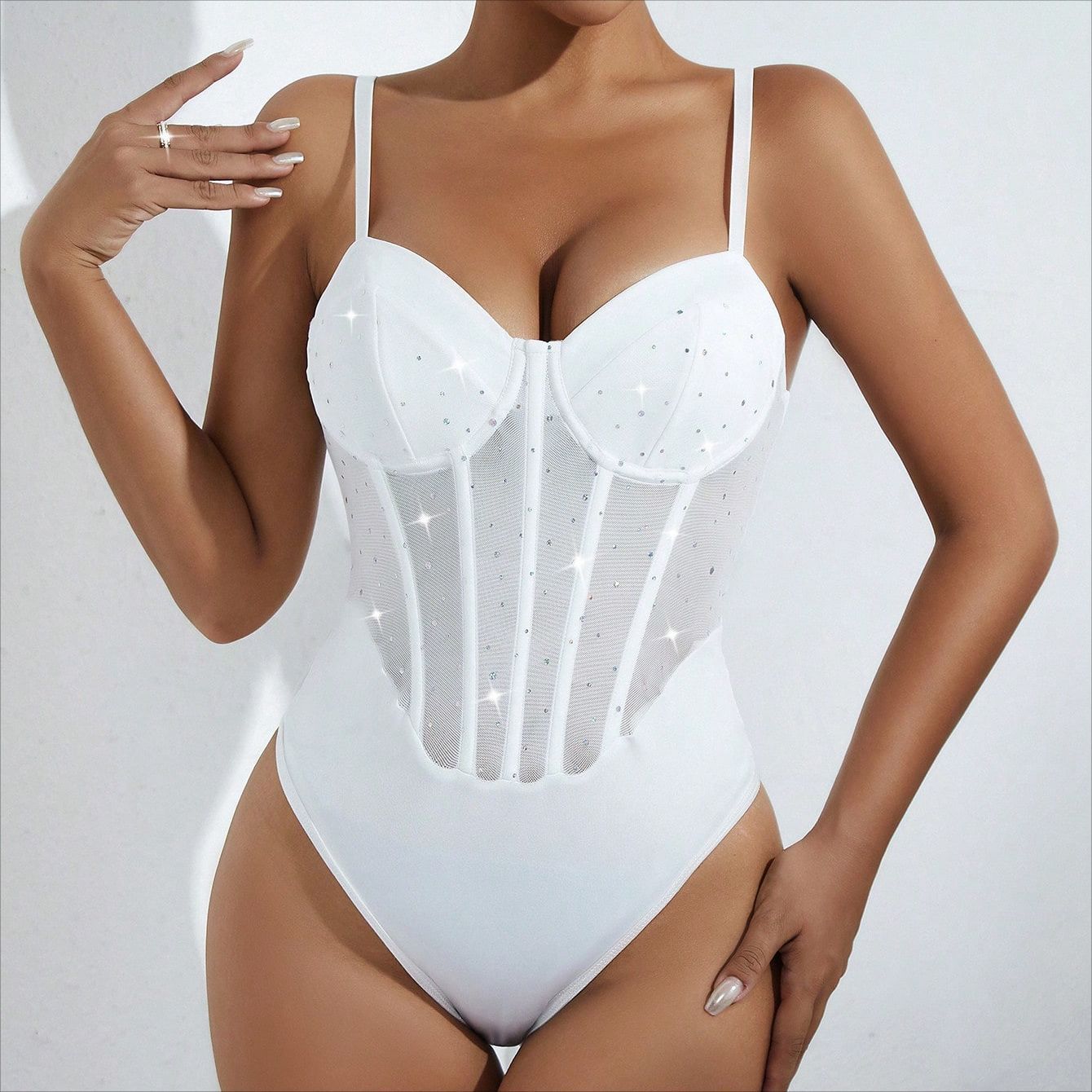 Sheer Mesh Rhinestone Bodysuit – Sleeveless, Fitted & Party-Ready