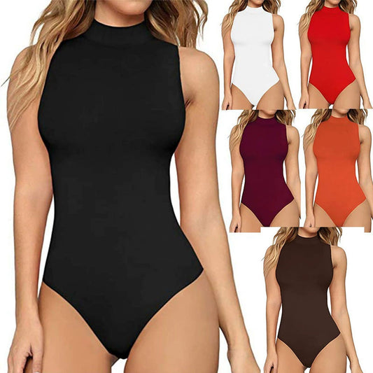 Women's Mock Turtle Neck Short Sleeve Tops Bodysuit Jumpsuit