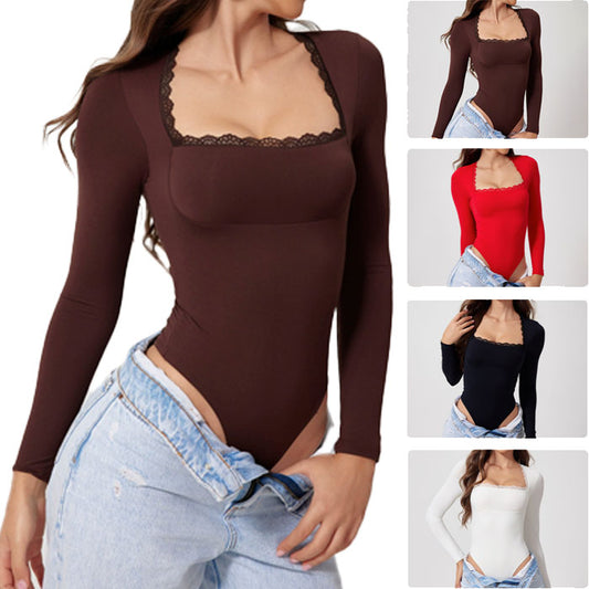 Women's Lace Bodysuit Sexy Square Neck Long Sleeve Body Suits Thong Slim Fit  Y2K Going Out Tops