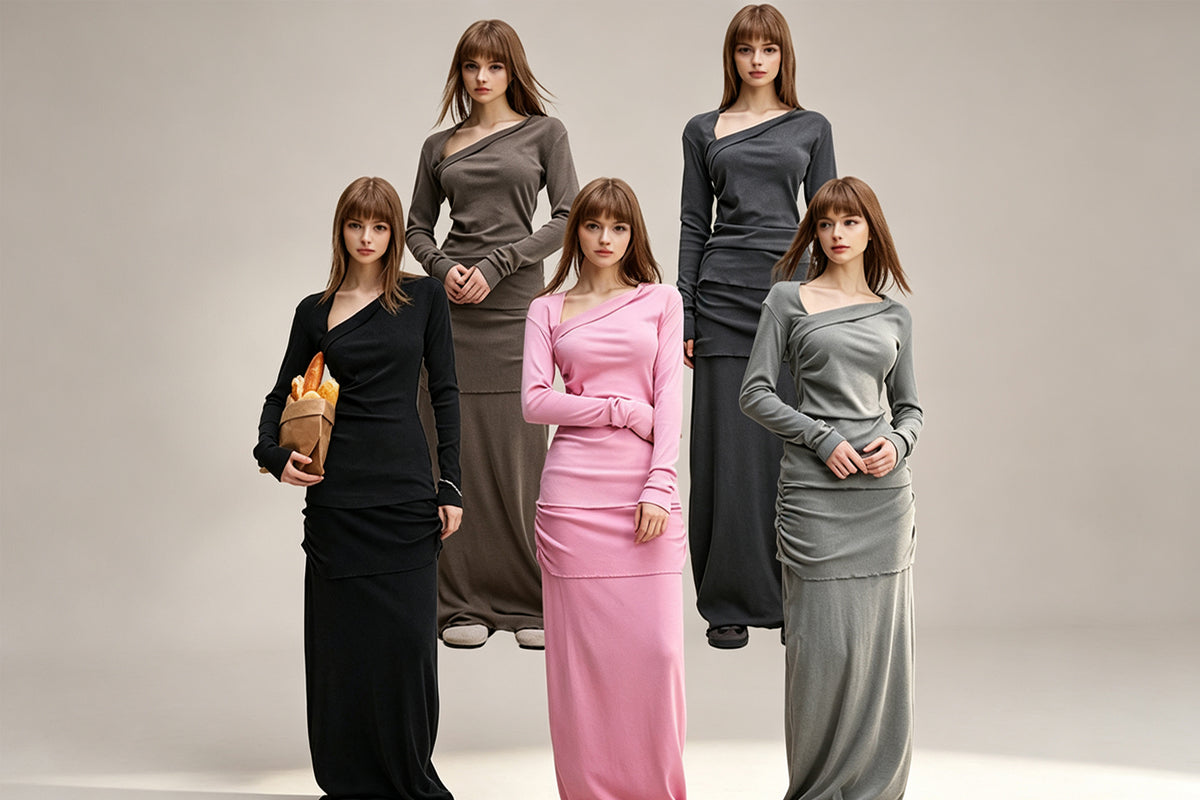 Unbranded model wearing woven apparel and dresses