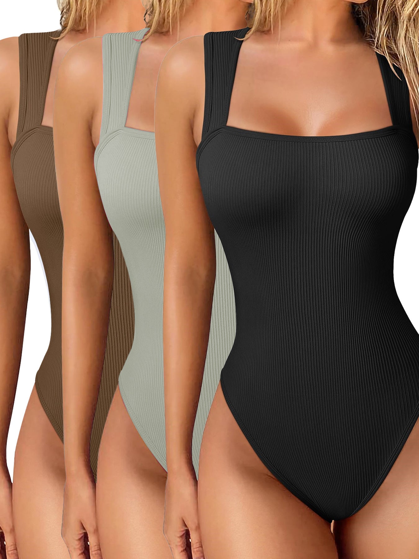 Womens  Fitness Wear Bodysuits Stretchy Underwear Sexy Ribbed Square Neck Sleeveless Stretchy Tank Tops Bodysuits Soft Lady