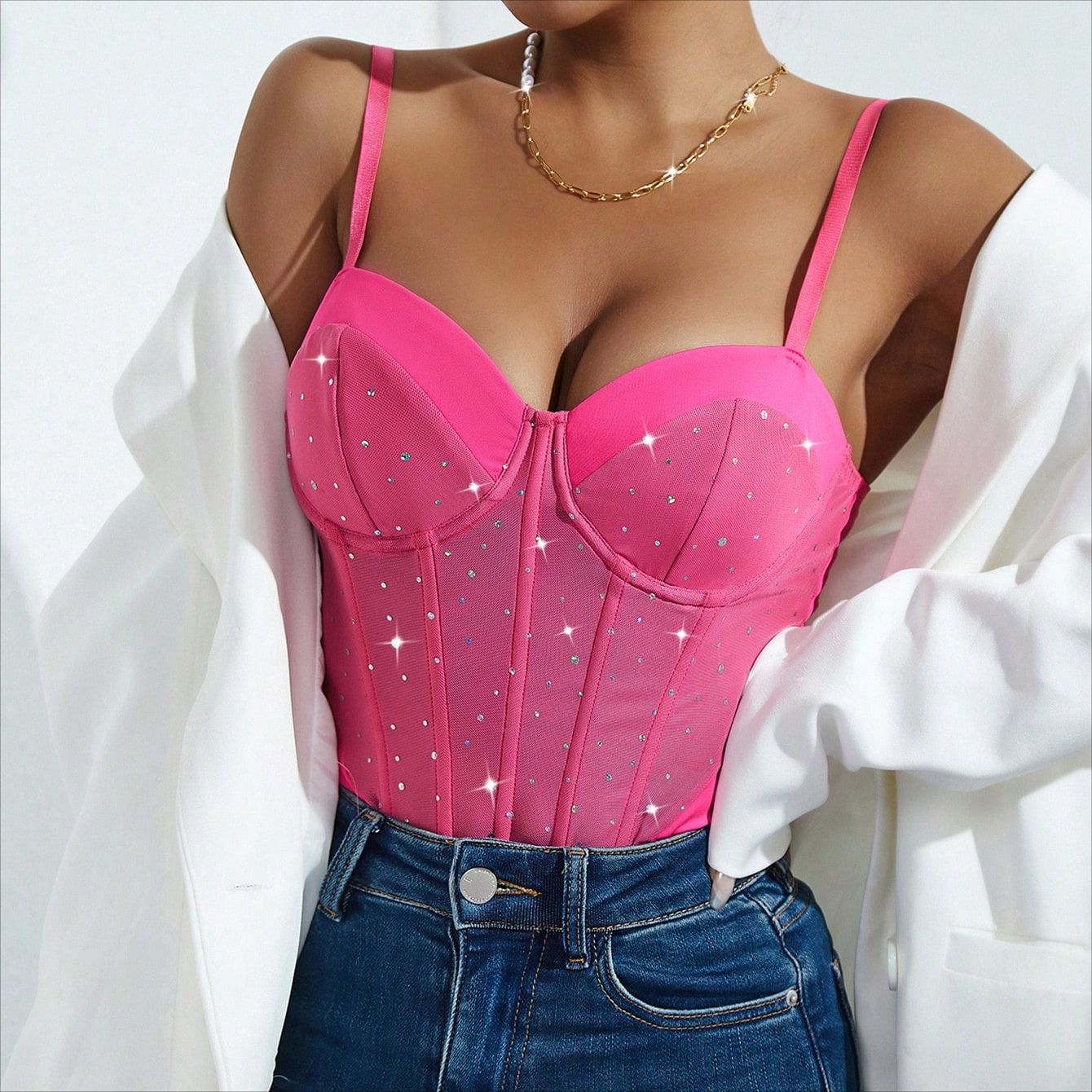 Sheer Mesh Rhinestone Bodysuit – Sleeveless, Fitted & Party-Ready