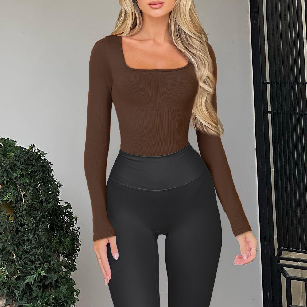 Women's Sexy Square Neck Bodysuit Long Sleeve Double Lined Shirt Tops