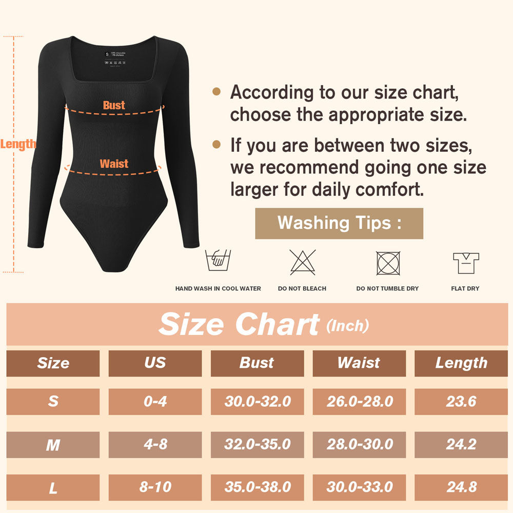 Women's Sexy Square Neck Bodysuit Long Sleeve Double Lined Shirt Tops