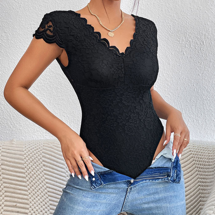 Women One Piece Lingerie Deep V Teddy Sexy Lace Bodysuit Snap Crotch Babydoll