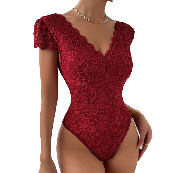 Women One Piece Lingerie Deep V Teddy Sexy Lace Bodysuit Snap Crotch Babydoll