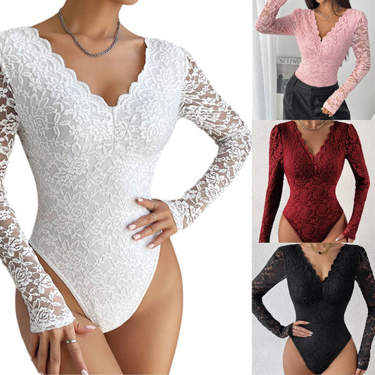 Tight Long Sleeve V-neck Lace Jumpsuit