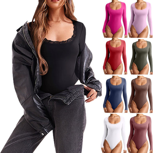 Women's Sexy Lace Scoop Neck Long Sleeve Double Lined Layering Slim Bodysuit Tops